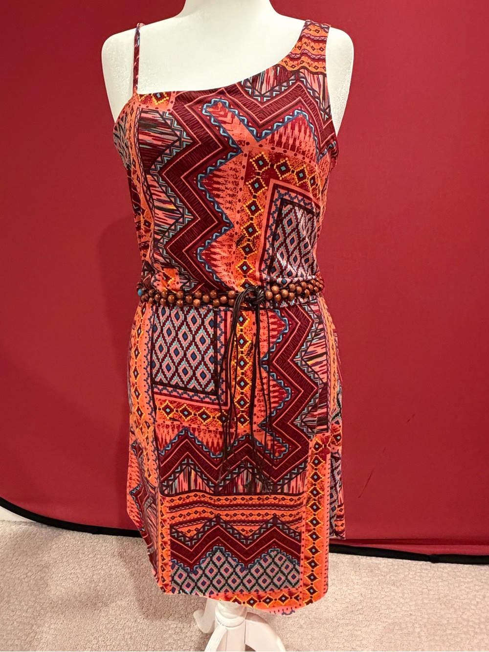 6 degrees Orange One-Shoulder Geometric Print Dress